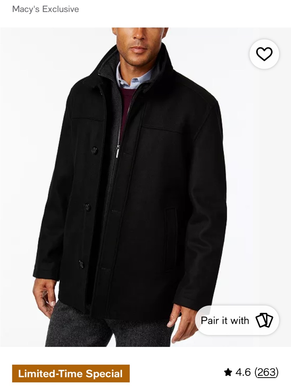 London Fog Men's Black Wool Blend Layered Car Coat- Size XXL